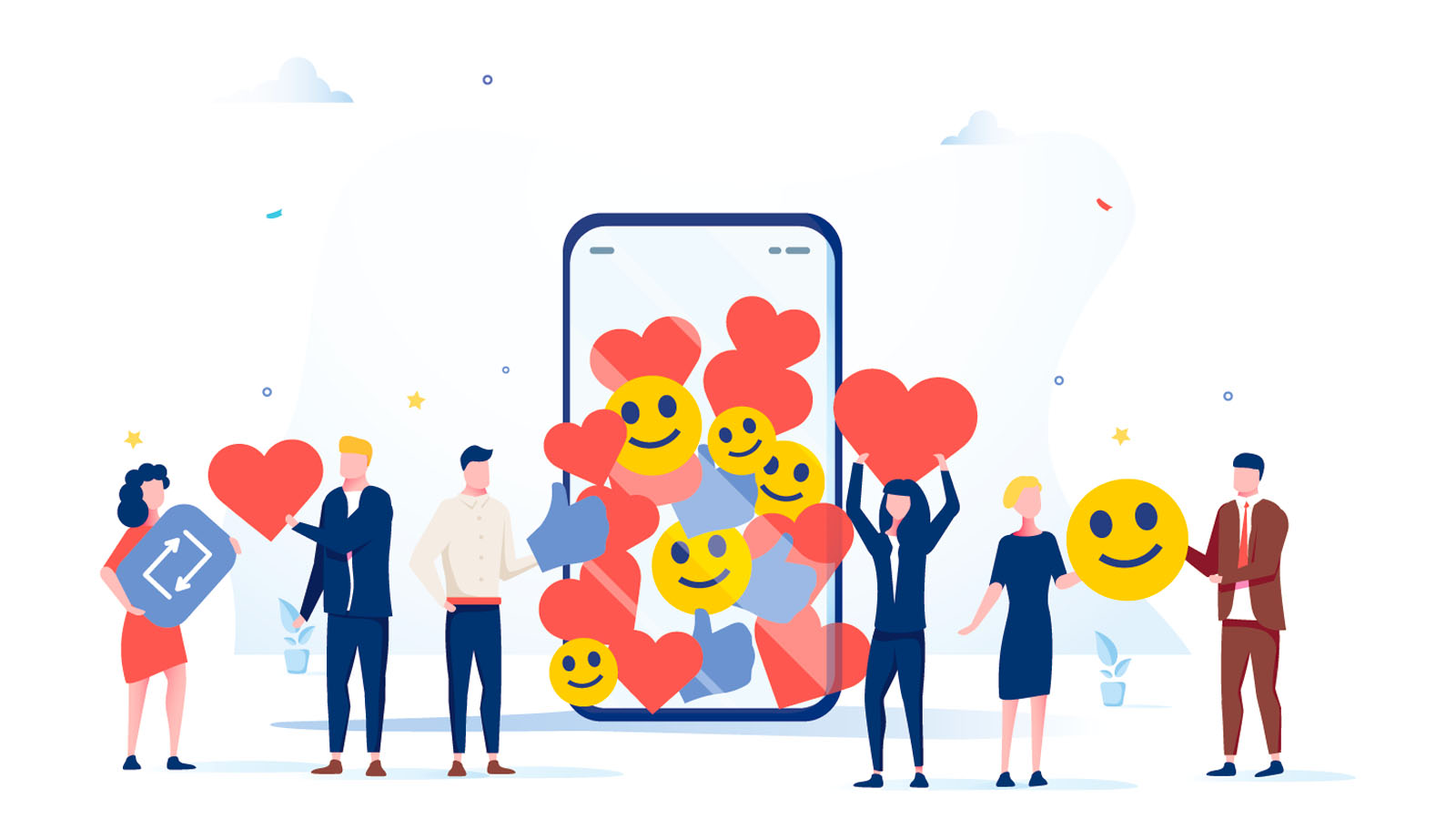 Illustration of people with likes and shares for social media
